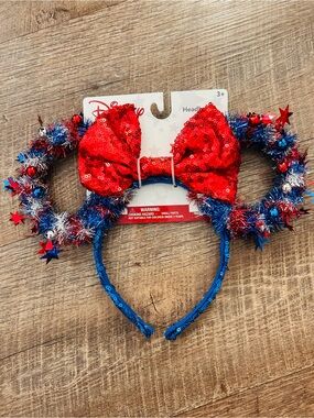 Disney Red Sequin Bow Patriotic Tinsel Minnie Ears - Red, Blue, Silver